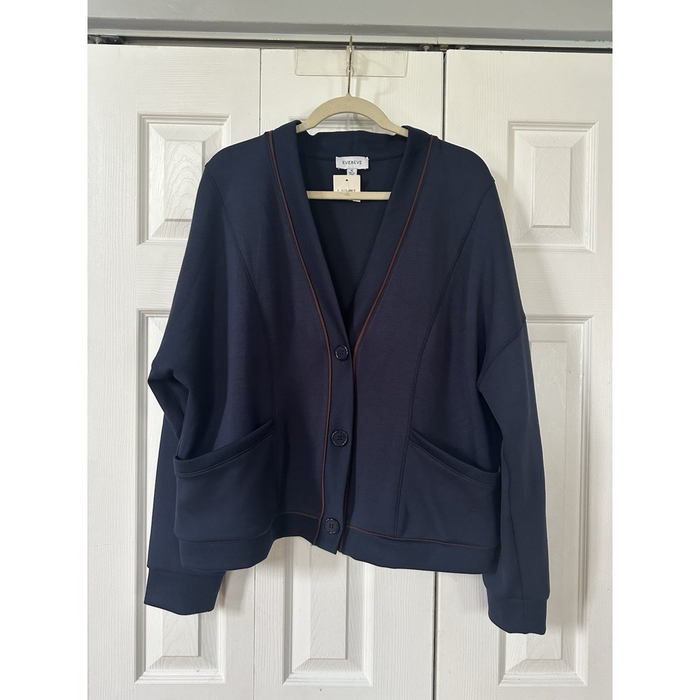 NWT Evereve Navy Button Corrine Sleek Scuba Cardigan Sweater - Size XL